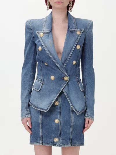 Balmain Long-sleeved Denim Coat In Blue
