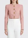 Balmain Women Long Sleeves Buttoned Lambskin Cropped Jacket In Pink