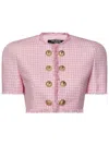 Balmain Vichy Tweed Cropped Jacket In Bianco/rosa