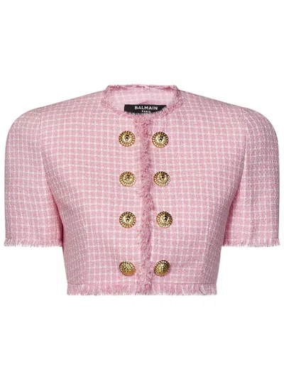 Balmain Vichy Tweed Cropped Jacket In Pink & Purple
