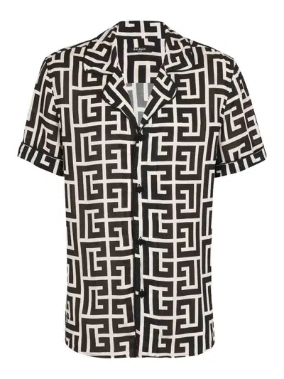 Balmain Monogram Printed Short-sleeved Shirt In Black
