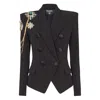 Balmain Crepe 6-button Jacket With Embroidered Patches In Black