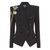 Balmain Crepe 6-button Jacket With Embroidered Patches In Black