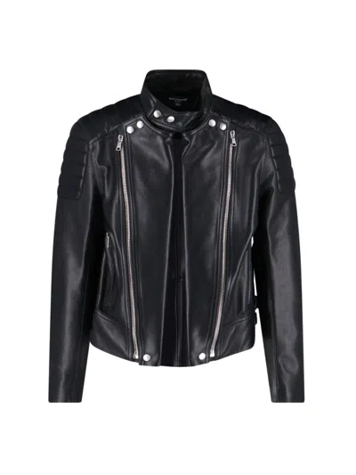 Balmain Casual Jacket With Zipper And Quilted Shoulders In Black