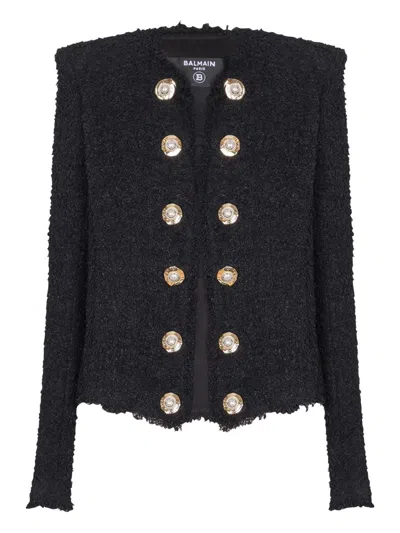 Balmain Edge-to-edge Silky Tweed Jacket In Black