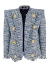 Balmain Spencer Button-embellished Frayed Cotton-blend Tweed Blazer In Bleu Jean Clair