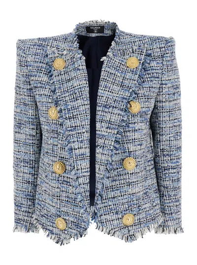 BALMAIN 'SIDE TO SIDE' BLUE JACKET WITH PEAK REVERS AND JEWEL BUTTONS IN COTTON BLEND WOMAN