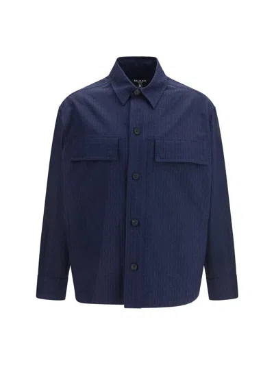 Balmain Men Cotton Monogram Jacquard Overshirt In Blue