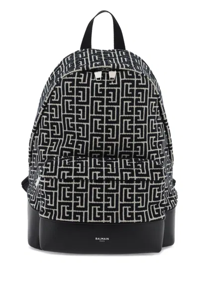 Balmain Backpack In Black And Ivory Jacquard With Maxi Monogram In Nero