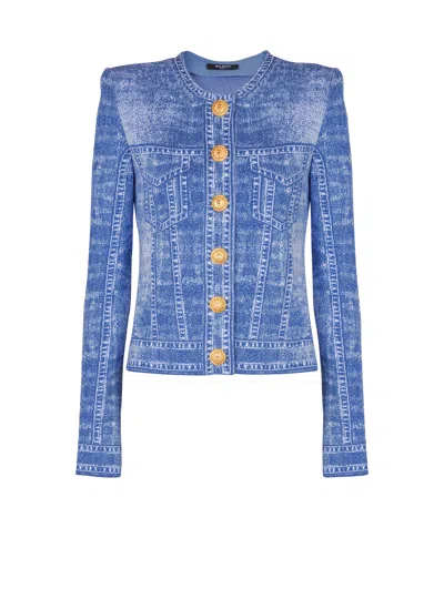 Balmain Jacquard Knit Cardigan With Denim Effect In Blue