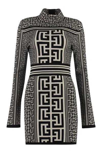 Balmain Jacquard Knit Mini-dress In Beige