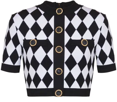 Balmain Cropped Button-embellished Jacquard-knit Top In Multi