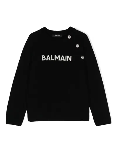 Balmain Kids' Jacquard-logo Knitted Jumper In Black