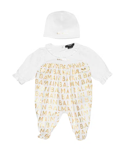 Balmain Jacquard Logo-motif Cotton Babygrow Set In White