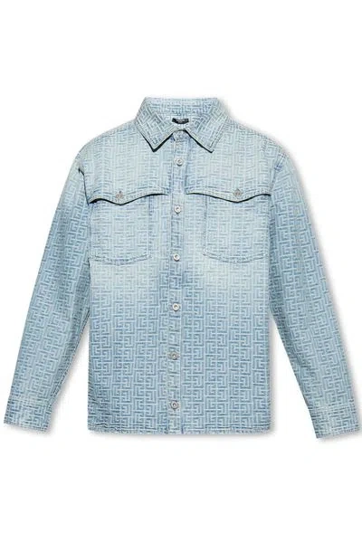 Balmain Jacquard Monogram Button Down Shirt In Blue Jeans