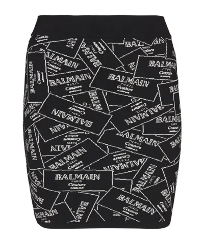 Balmain Label Jacquard Mini Knit Skirt In Black