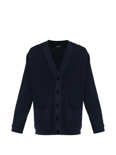 Balmain Jacquard V-neck Cardigan In Blue
