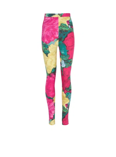 Balmain Jersey Leggings With Roses Print In Multi