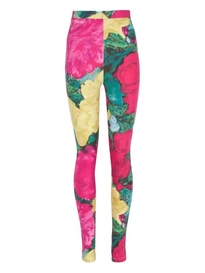 Balmain Jersey Leggings Roses Print Logo Detail In Multi