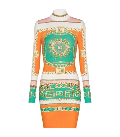 Balmain Jersey Printed High-neck Mini Dress In Multi
