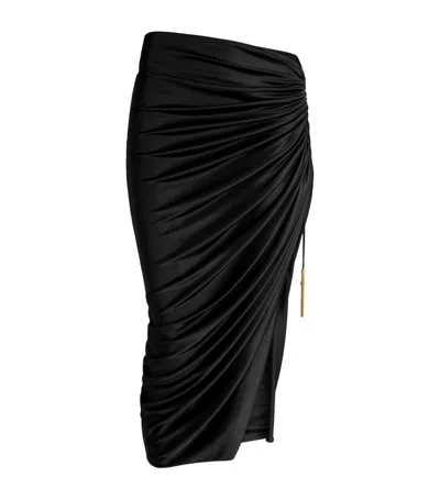 Balmain Jersey Ruched Midi Skirt In Black