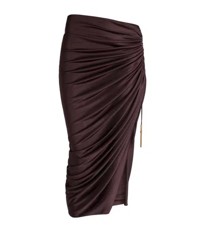 Balmain Jersey Ruched Midi Skirt In Brown