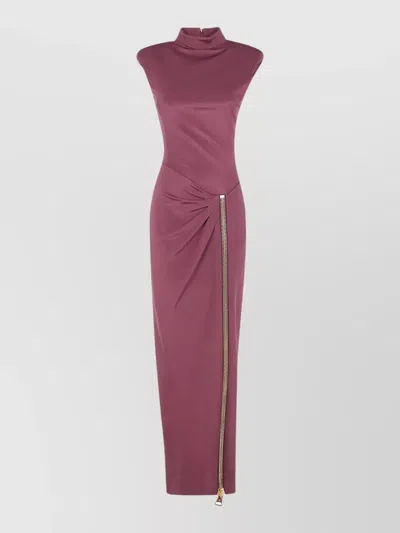 Balmain Zipped Compact Jersey Slit Long Dress In Purple