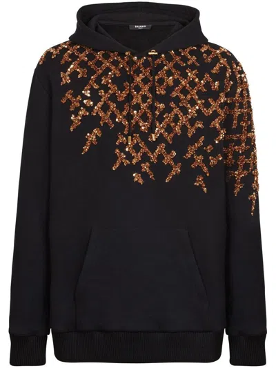 Balmain Sequin-embellishment Cotton Hoodie In Black