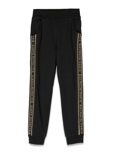 Balmain Kids' Glitter-logo Cotton Jersey Sweatpants In Black