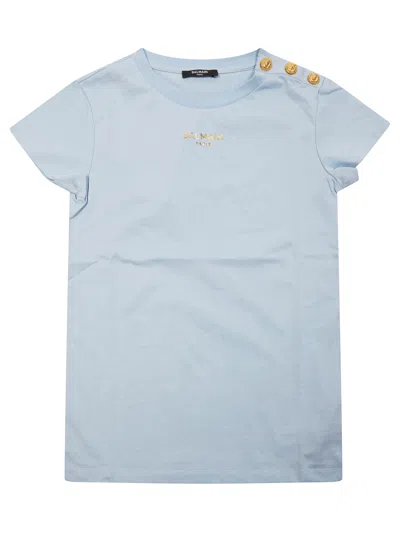 Balmain Junior Mini Logo T-shirt With Gold Buttons In Blue