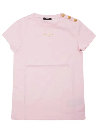 Balmain Junior Mini Logo T-shirt With Gold Buttons In Pink