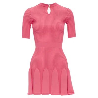 BALMAIN KEYHOLE NECK RIBBED FLUTTER SKIRT MINI DRESS