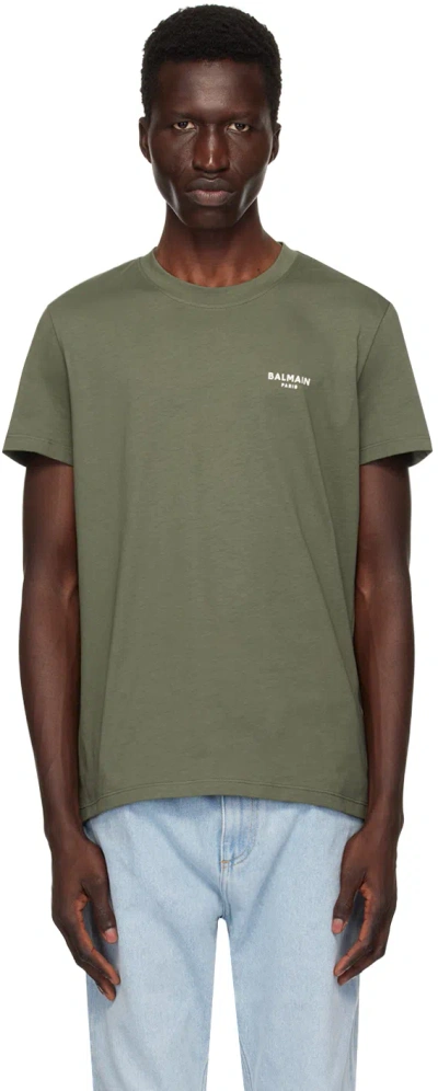 Balmain Khaki ' Paris' Flocked T-shirt In Ukc Kaki Clair/ Nat