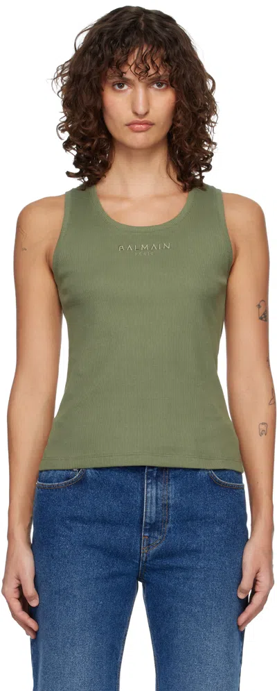 Balmain Khaki ' Paris' Jersey Tank Top