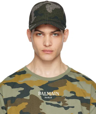 Balmain Khaki Monogram Camouflage Cap In Udf Multi-kaki