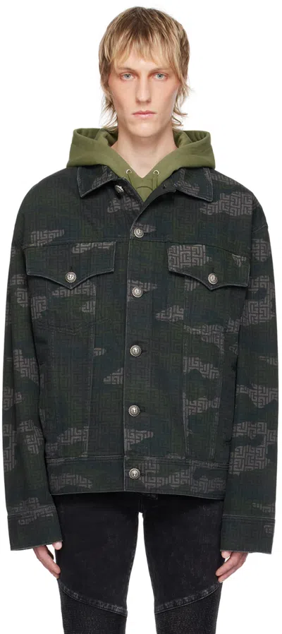 Balmain Khaki Printed Denim Jacket In Udf Multi-kaki