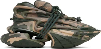 BALMAIN KHAKI UNICORN LOW CAMOUFLAGE-PRINT SNEAKERS