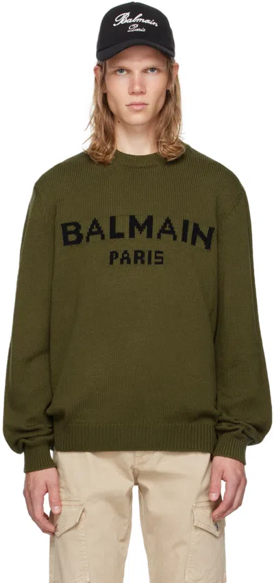Balmain Khaki Wool ' Paris' Sweater In Ukl Kaki/ Noir