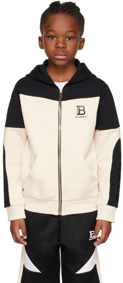 Balmain Kids Black & Off-white Paneled Hoodie In 109ne Blk/ofwht