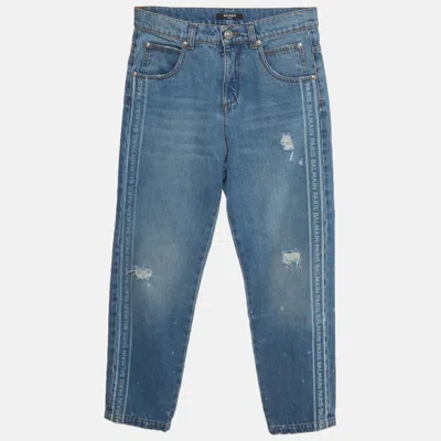 Pre-owned Balmain Kids Blue Denim Logo Stripe Distressed Jeans 12 Yrs/waist 26"