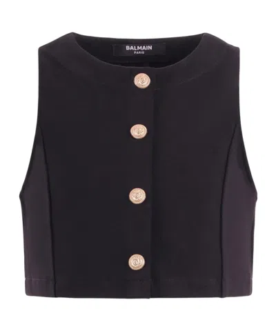 Balmain Kids Button-embellished Crewneck Top In Black