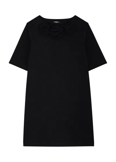 Balmain Kids Floral-appliquéd Metallic-knit Dress (12-14 Years) In Black