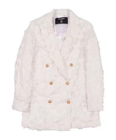 Balmain Kids Floral-detailed Double-breasted Blazer In White
