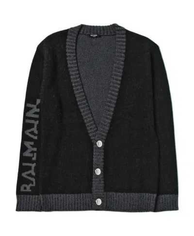 Balmain Kids Logo-embellished Button-up Knitted Cardigan In Black