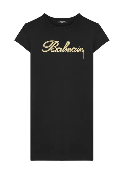 Balmain Kids Logo-embroidered Cotton Dress (10-14years) In Black