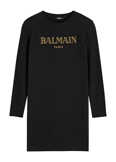 Balmain Kids Logo-embroidered Stretch-cotton Dress (12-14 Years) In Black