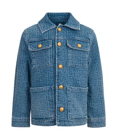 Balmain Kids Logo Monogram Denim Jacket In Blue