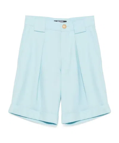 Balmain Kids Logo-patch Pleated Shorts In Blue