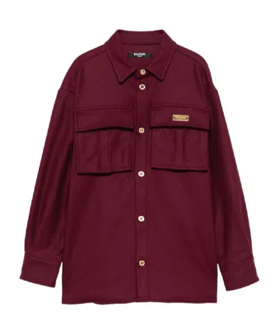 Balmain Kids Logo Plaque Button-up Shirt In Burgundy