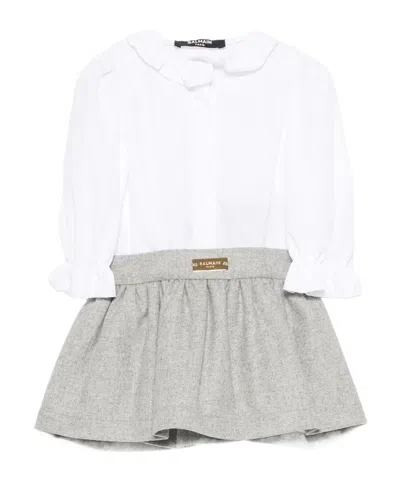 Balmain Kids Logo Plaque Long-sleeved Dress In Gray